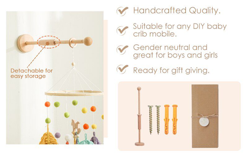 Let's Make  Baby Wooden Bed Bell Bracket Mobile Hanging Rattles Toy Hanger Baby Crib Mobile Bed Bell Wood Toy Holder Arm Bracket