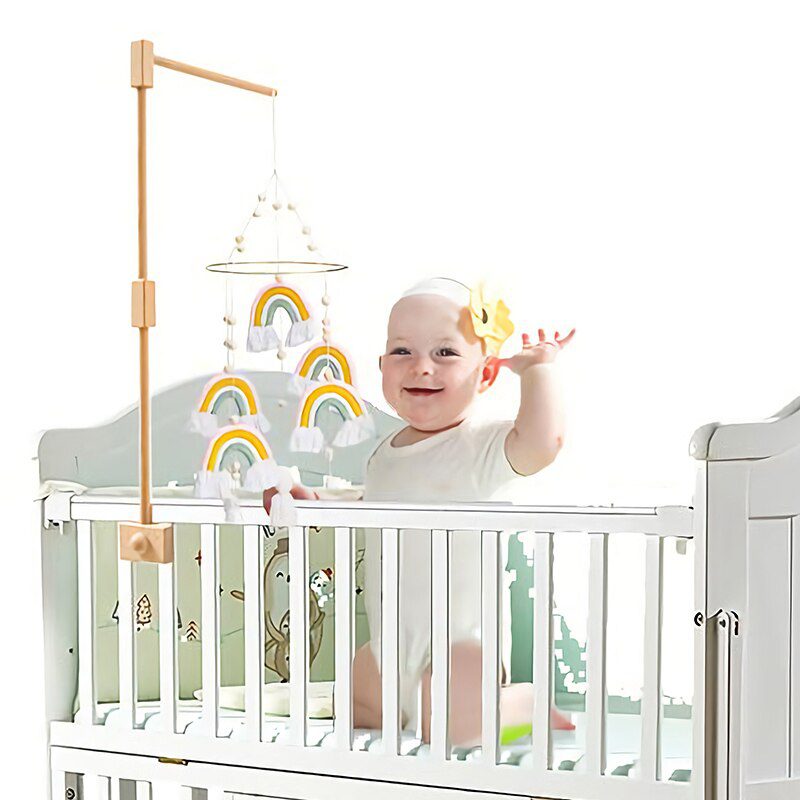 Let's Make  Baby Wooden Bed Bell Bracket Mobile Hanging Rattles Toy Hanger Baby Crib Mobile Bed Bell Wood Toy Holder Arm Bracket