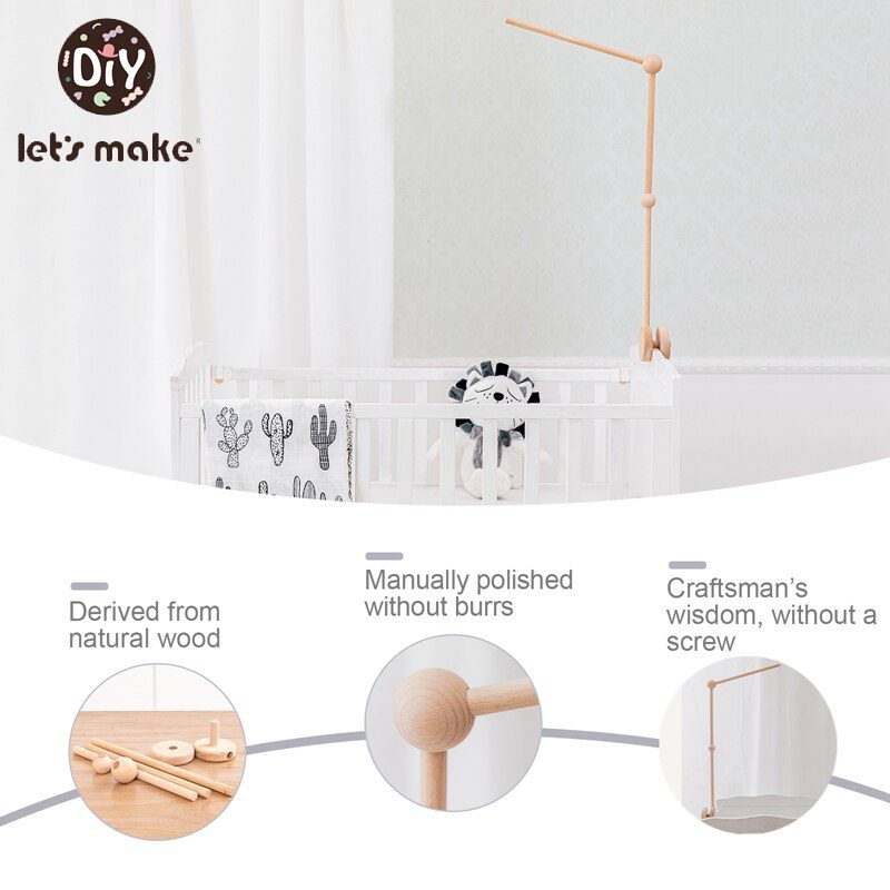 Let's Make  Baby Wooden Bed Bell Bracket Mobile Hanging Rattles Toy Hanger Baby Crib Mobile Bed Bell Wood Toy Holder Arm Bracket