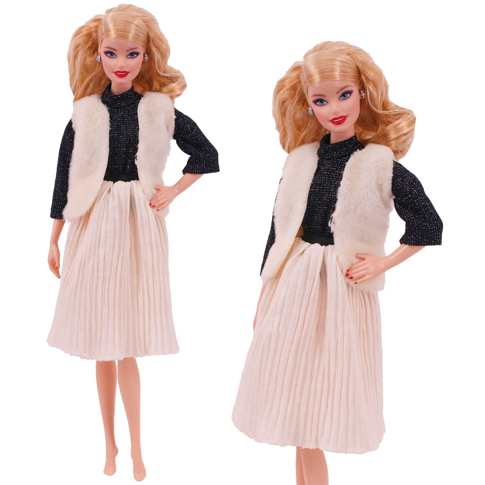 4 Pcs/Set Fur Vest Coat + Dress/Casual Outfit for 11.8 inch Barbies Doll Clothes Accessories Plush Jacket Celebrity,Child's Gift