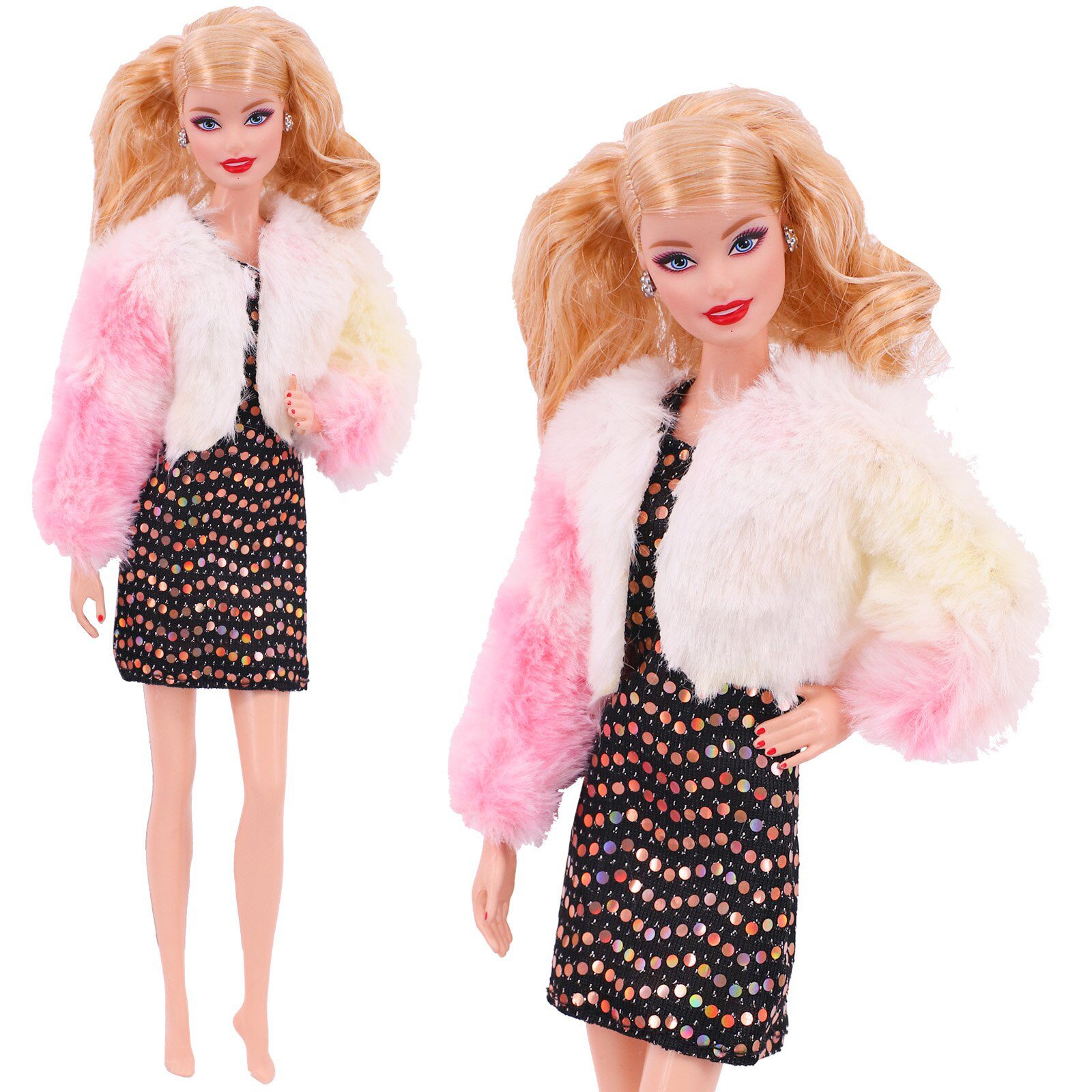 4 Pcs/Set Fur Vest Coat + Dress/Casual Outfit for 11.8 inch Barbies Doll Clothes Accessories Plush Jacket Celebrity,Child's Gift