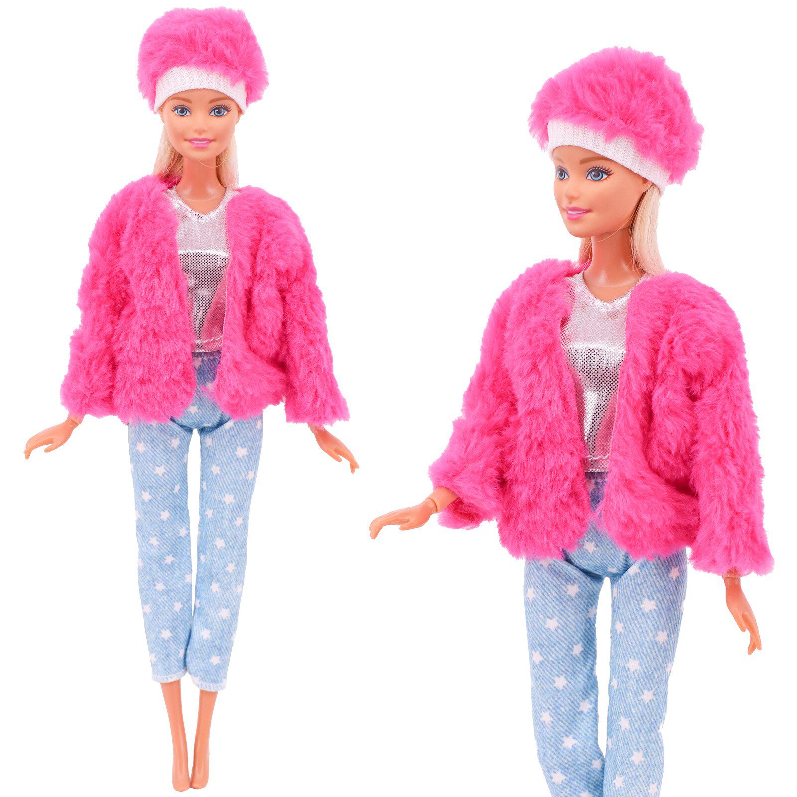 4 Pcs/Set Fur Vest Coat + Dress/Casual Outfit for 11.8 inch Barbies Doll Clothes Accessories Plush Jacket Celebrity,Child's Gift