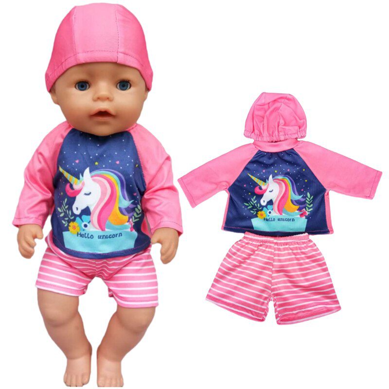 43cm Born New Baby Doll Clothes Pink Kitty Unicorn Pony Pajama Set 18 Inch Doll Clothes Baby Girl Birthday Gift