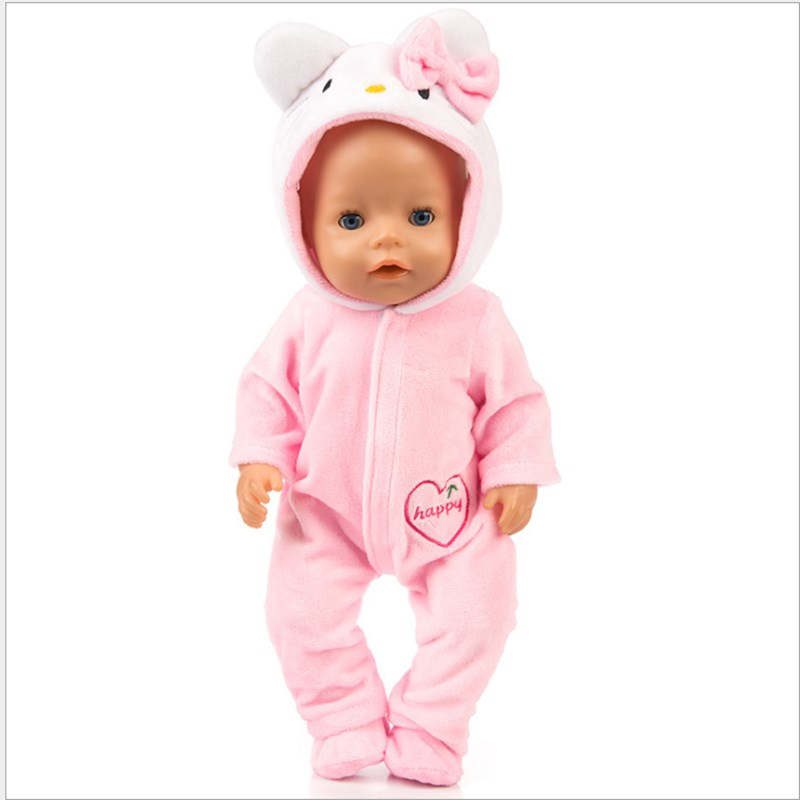 43cm Born New Baby Doll Clothes Pink Kitty Unicorn Pony Pajama Set 18 Inch Doll Clothes Baby Girl Birthday Gift