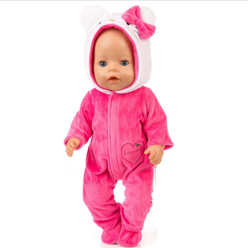43cm Born New Baby Doll Clothes Pink Kitty Unicorn Pony Pajama Set 18 Inch Doll Clothes Baby Girl Birthday Gift
