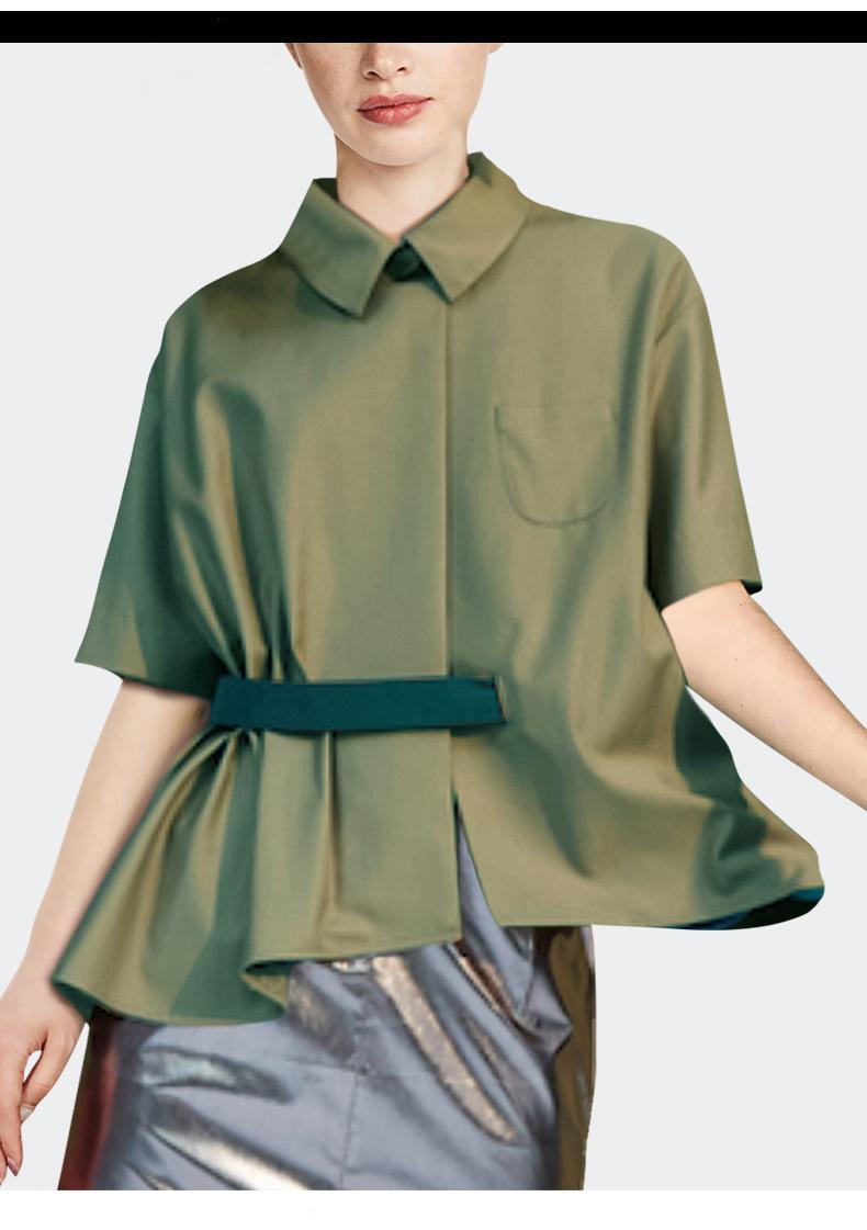 Summer Short Sleeve Slim Waist Blouses Women Fashion Turndown Collar Loose Casual Irregular Shirt Female Solid Tops Clothing