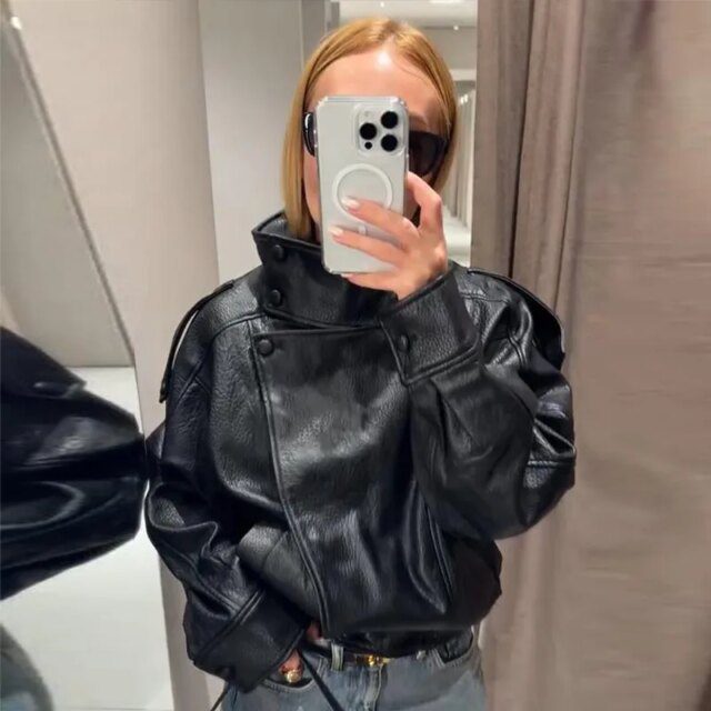 Stand Collar Women's Jacket Full Sleeve Double Button Solid Female Leather Jackets 2025 Autumn Fashion High Street Lady Outwears