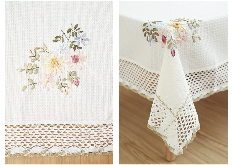 Europe Flowers Tablecloth White Hollow Lace Cotton Linen Dustproof Table cloth Wedding Banquet TV Cabinet Cover Cloth