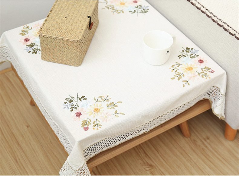 Europe Flowers Tablecloth White Hollow Lace Cotton Linen Dustproof Table cloth Wedding Banquet TV Cabinet Cover Cloth