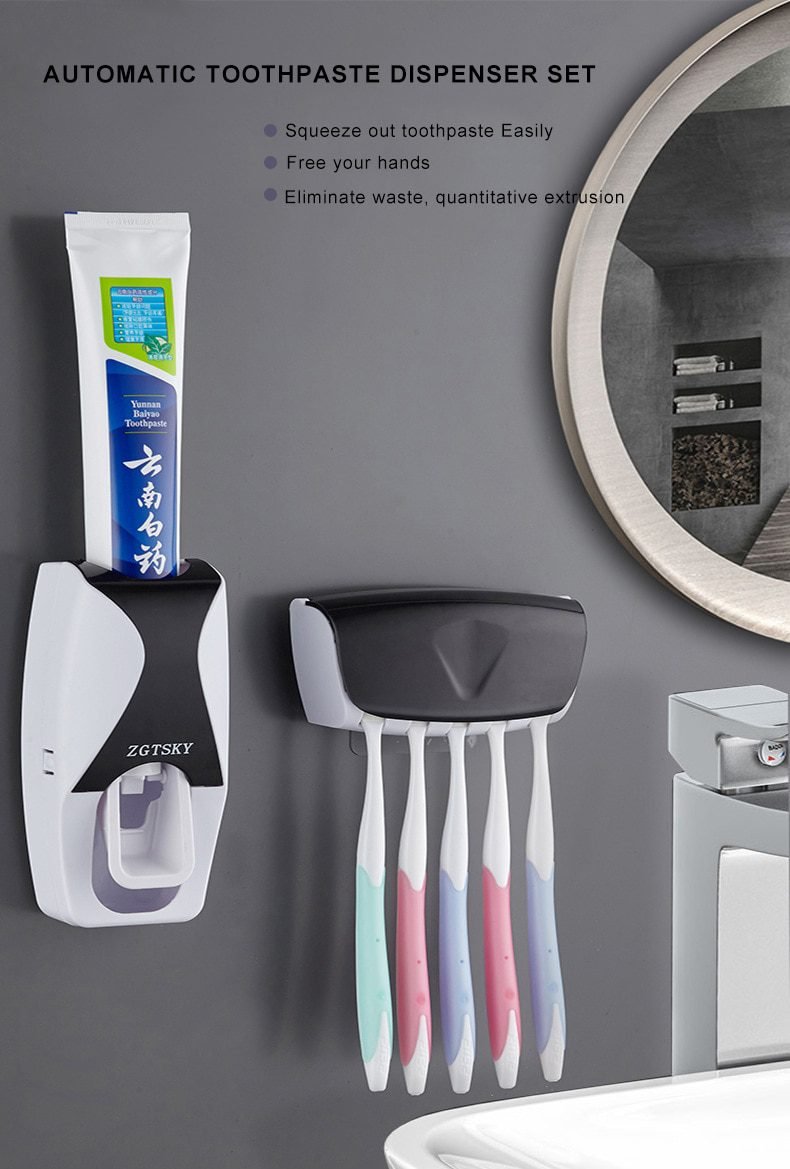 Automatic Toothpaste Dispenser Wall Mount Dust-proof Toothbrush Holder Wall Mount Storage Rack Bathroom Accessories Set Squeezer