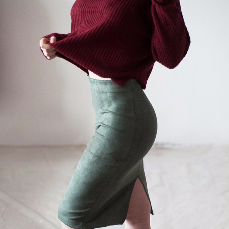 Sexy Multi Color Suede Midi Pencil Skirt Women 2018 Fashion Elastic High Waist Office Lady Bodycon Skirts Saias