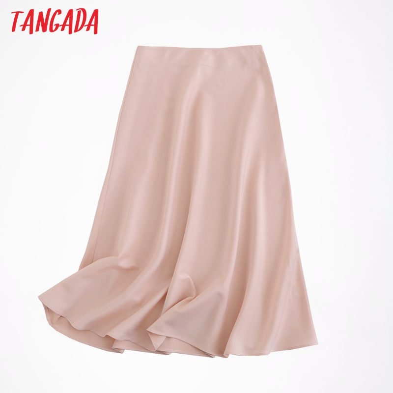 Tangada women solid quality satin midi skirt vintage side zipper office ladies elegant chic A-line skirts 6D18