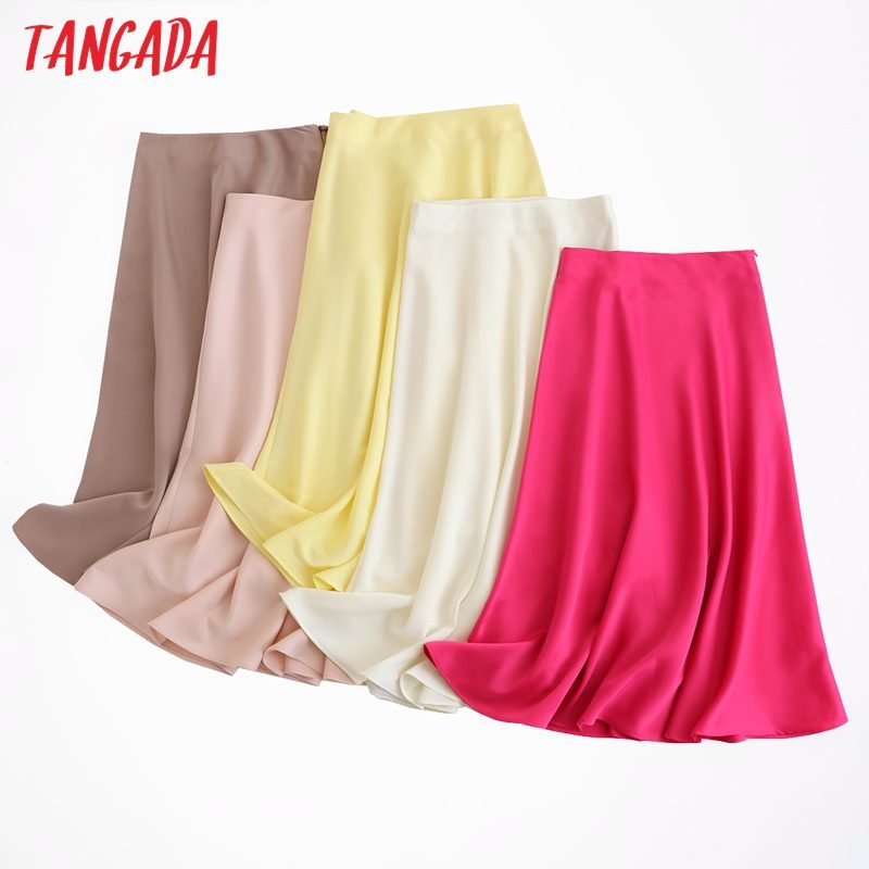 Tangada women solid quality satin midi skirt vintage side zipper office ladies elegant chic A-line skirts 6D18