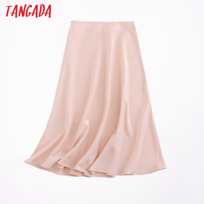 Tangada women solid quality satin midi skirt vintage side zipper office ladies elegant chic A-line skirts 6D18