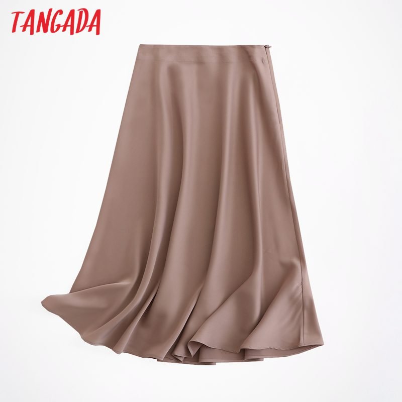 Tangada women solid quality satin midi skirt vintage side zipper office ladies elegant chic A-line skirts 6D18
