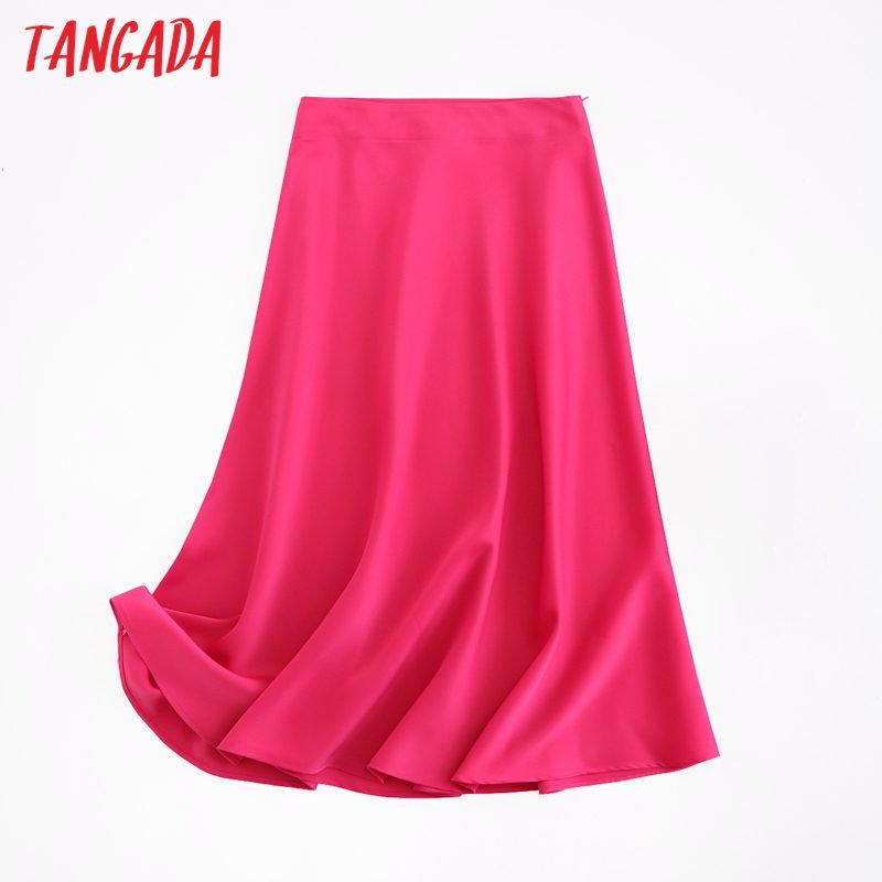 Tangada women solid quality satin midi skirt vintage side zipper office ladies elegant chic A-line skirts 6D18