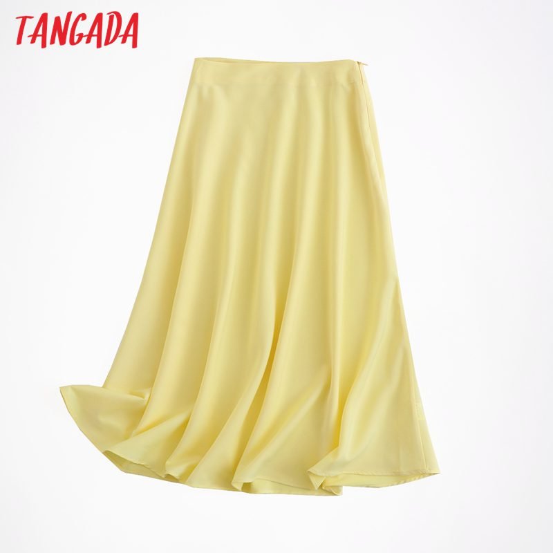 Tangada women solid quality satin midi skirt vintage side zipper office ladies elegant chic A-line skirts 6D18