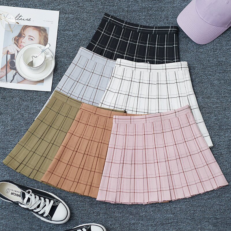 PEONFLY Sweet Women Pleated Skirt Fashion Plaid A-Line Mini High Waist Chic Skirt Kawaii Summer Casual Ladies Plaid Skirt