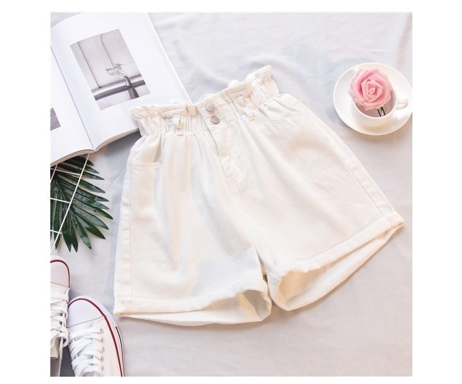 Plus Size Summer Black Women's Denim Shorts Large Size 5Xl Harem Ruffle White High Waisted Shorts Elastic Waist Jeans for Women