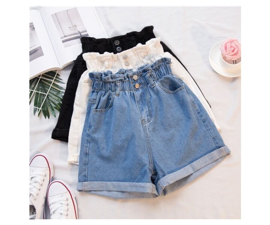 Plus Size Summer Black Women's Denim Shorts Large Size 5Xl Harem Ruffle White High Waisted Shorts Elastic Waist Jeans for Women