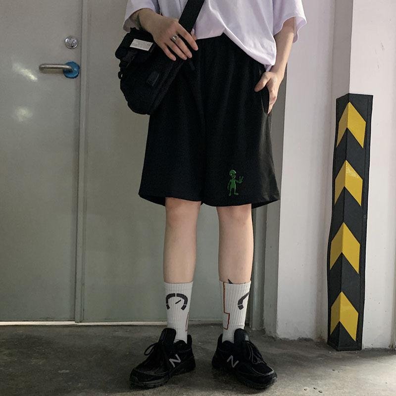Korean Style Aliens Harajuku Casual Loose Straight Jogger Bike Shorts Female High Waist Summer Sports Running Vintage Hotpants