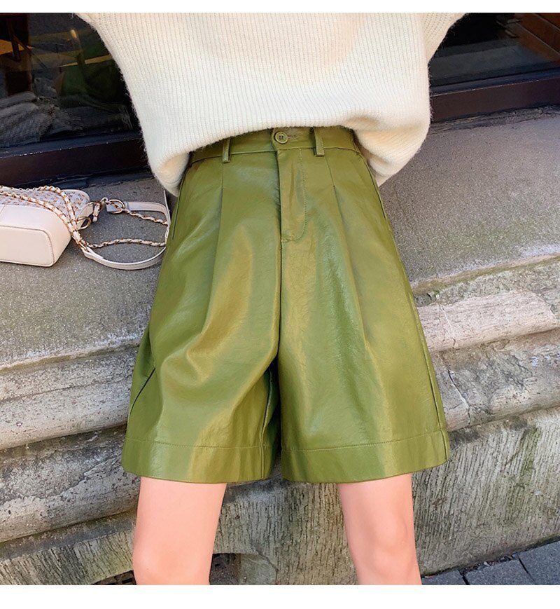 S-4XL Fashion PU Leather Shorts Women's Autumn Winter Bermuda Elastic Waist Loose Five Points Leather Trouser Plus Size Shorts