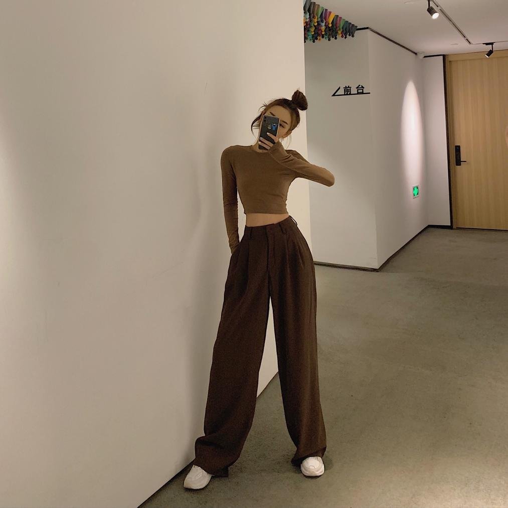 2021 Retro Solid Color Wild Straight Wide Leg Pants Female Spring New Korean Fashion High Waist Casual Long Pants