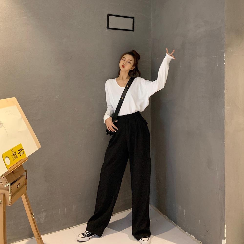 2021 Retro Solid Color Wild Straight Wide Leg Pants Female Spring New Korean Fashion High Waist Casual Long Pants