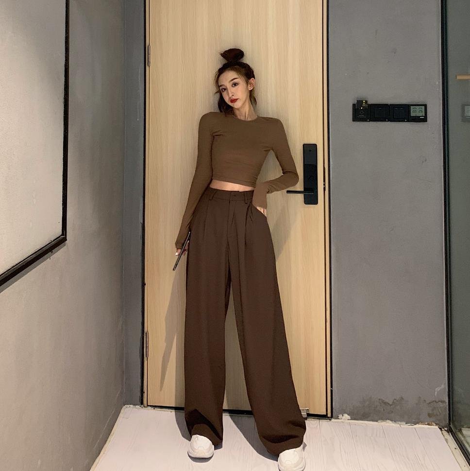 2021 Retro Solid Color Wild Straight Wide Leg Pants Female Spring New Korean Fashion High Waist Casual Long Pants