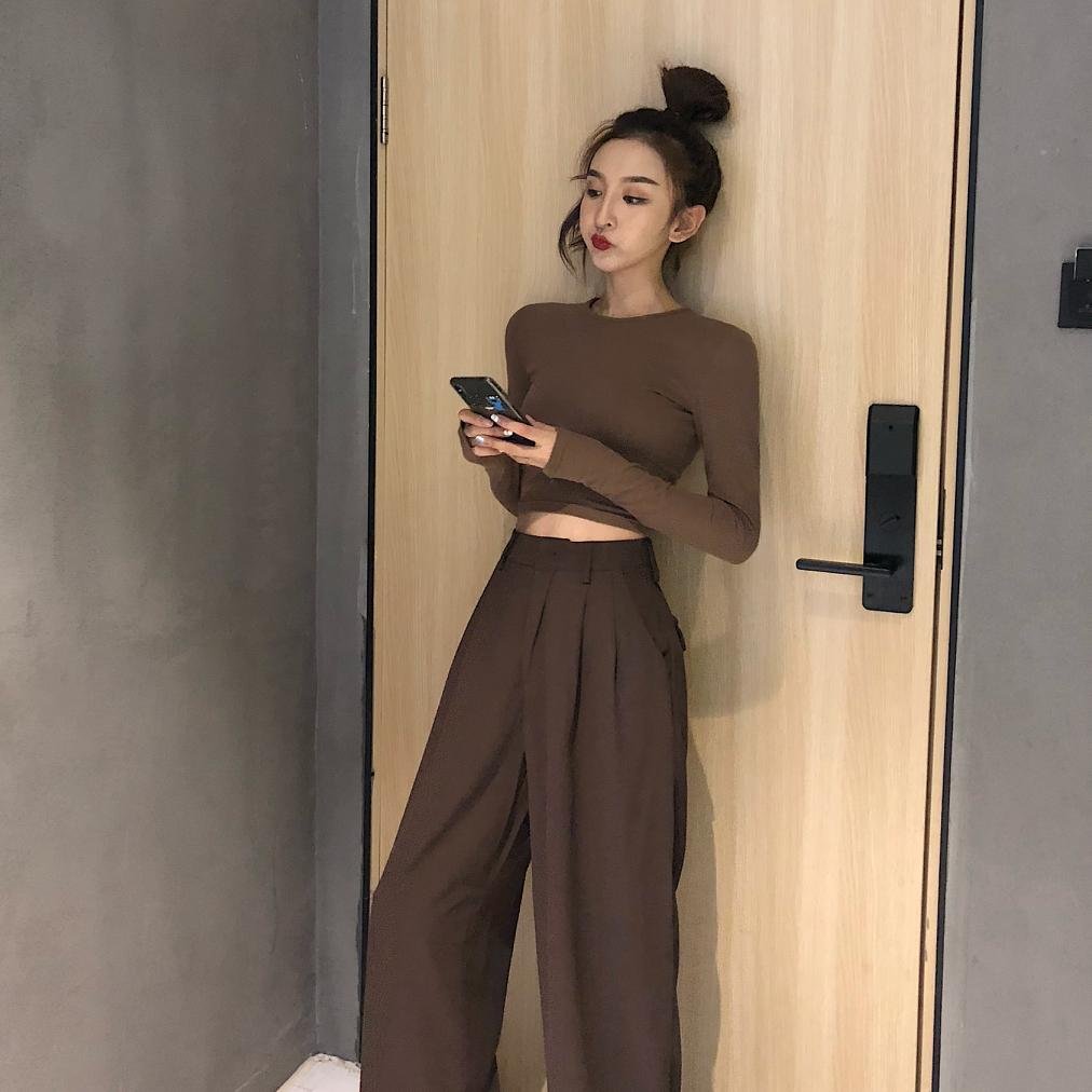 2021 Retro Solid Color Wild Straight Wide Leg Pants Female Spring New Korean Fashion High Waist Casual Long Pants