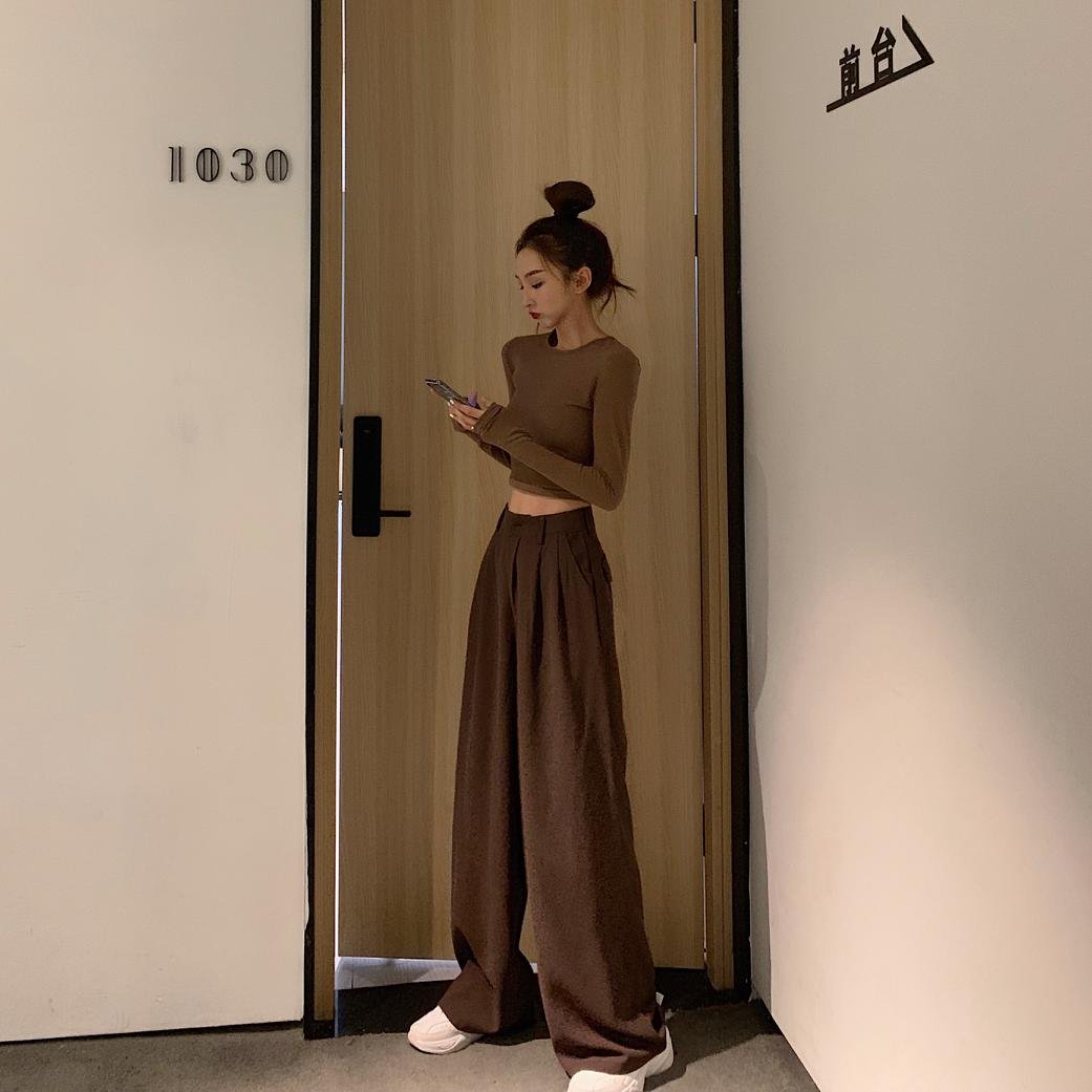 2021 Retro Solid Color Wild Straight Wide Leg Pants Female Spring New Korean Fashion High Waist Casual Long Pants