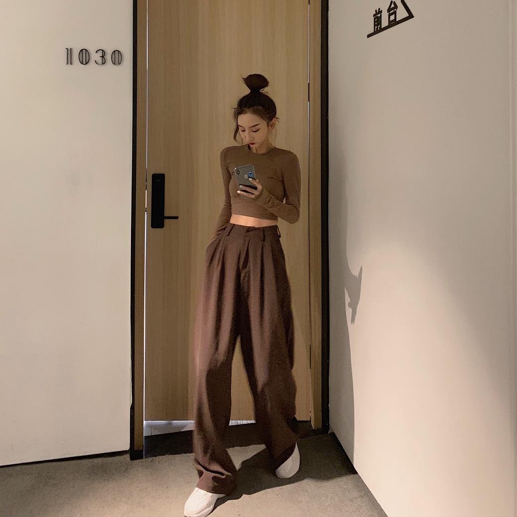 2021 Retro Solid Color Wild Straight Wide Leg Pants Female Spring New Korean Fashion High Waist Casual Long Pants
