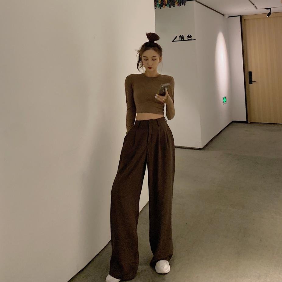 2021 Retro Solid Color Wild Straight Wide Leg Pants Female Spring New Korean Fashion High Waist Casual Long Pants