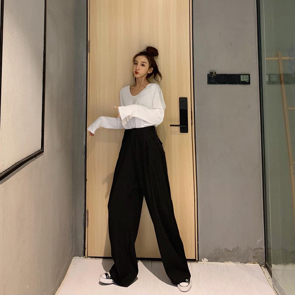 2021 Retro Solid Color Wild Straight Wide Leg Pants Female Spring New Korean Fashion High Waist Casual Long Pants