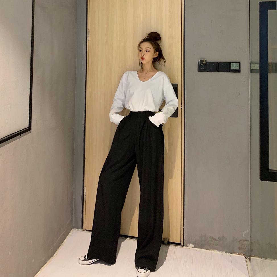 2021 Retro Solid Color Wild Straight Wide Leg Pants Female Spring New Korean Fashion High Waist Casual Long Pants