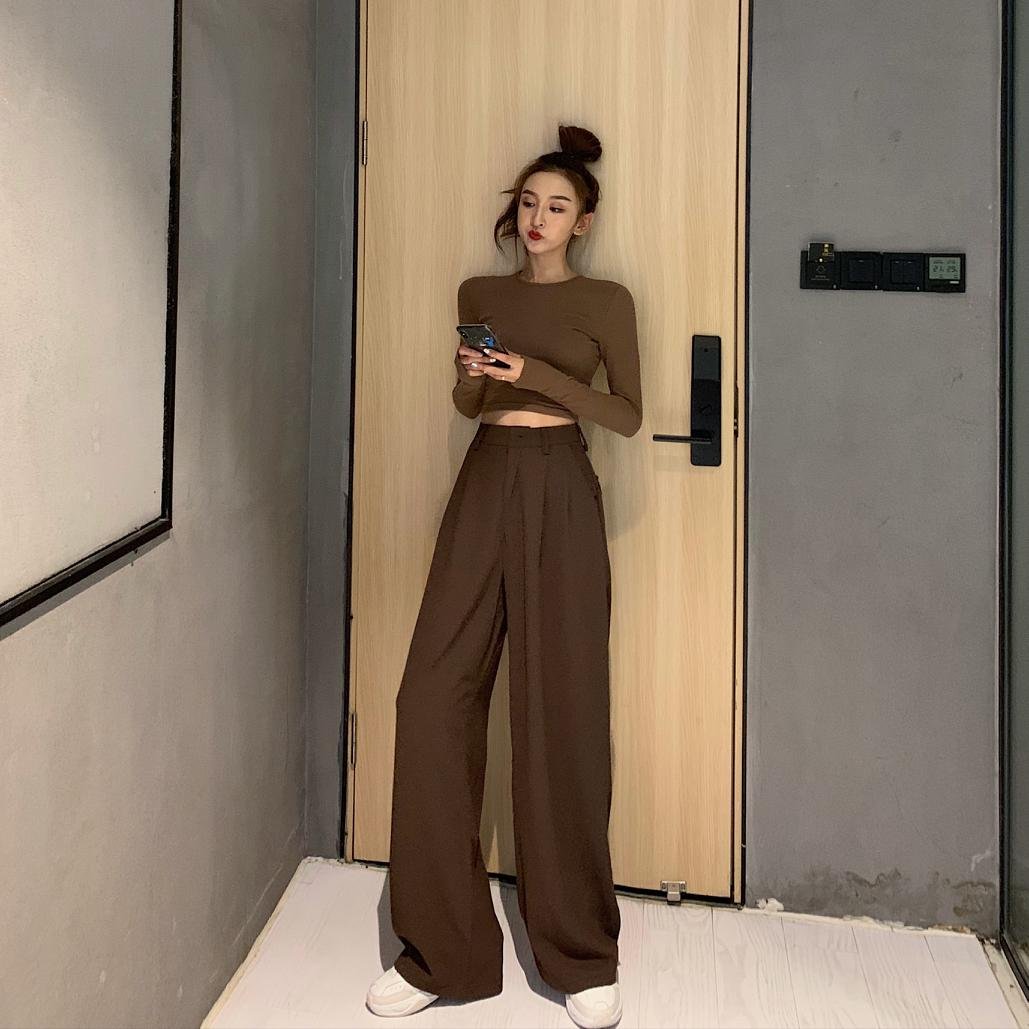 2021 Retro Solid Color Wild Straight Wide Leg Pants Female Spring New Korean Fashion High Waist Casual Long Pants