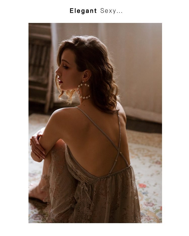 Grey Floral Hollowed Out Lace Nightdress Womens Nightgown Sleepwear Lingerie Dress Spaghetti Strap Sleeping Dress with Thongs