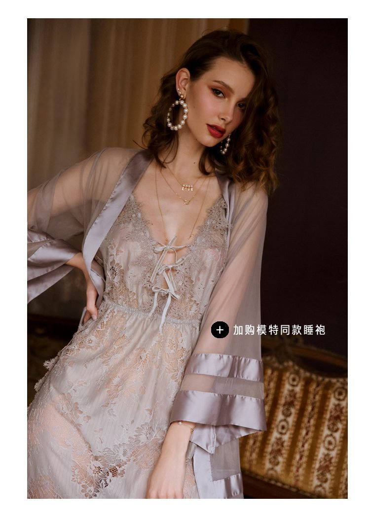 Grey Floral Hollowed Out Lace Nightdress Womens Nightgown Sleepwear Lingerie Dress Spaghetti Strap Sleeping Dress with Thongs