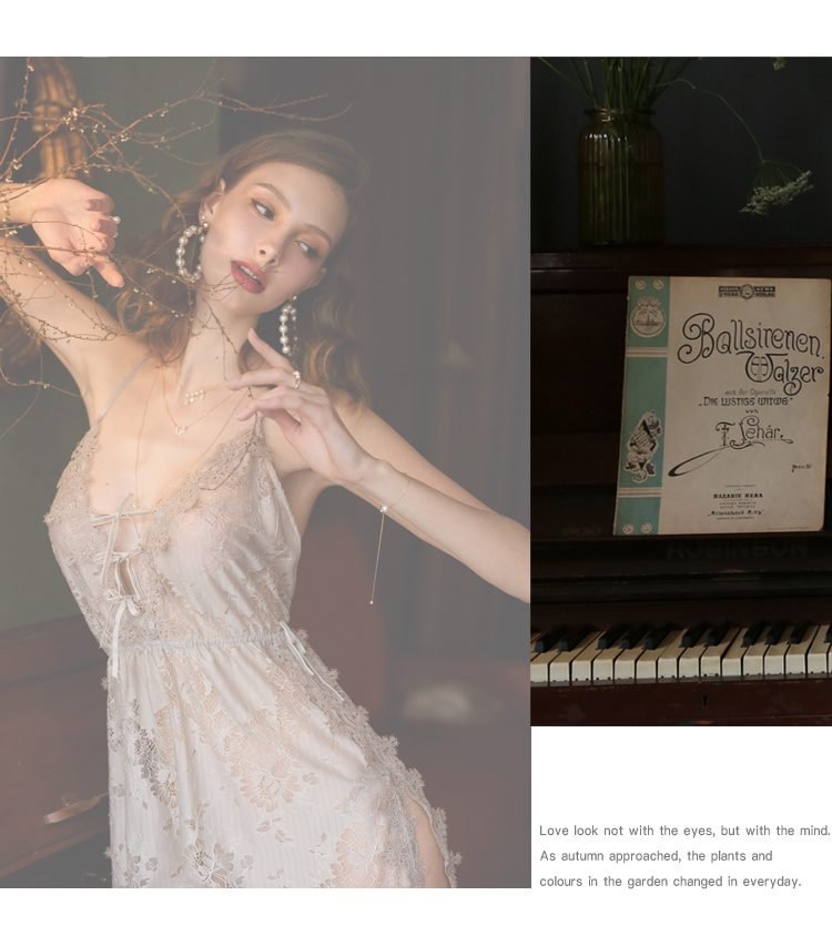 Grey Floral Hollowed Out Lace Nightdress Womens Nightgown Sleepwear Lingerie Dress Spaghetti Strap Sleeping Dress with Thongs