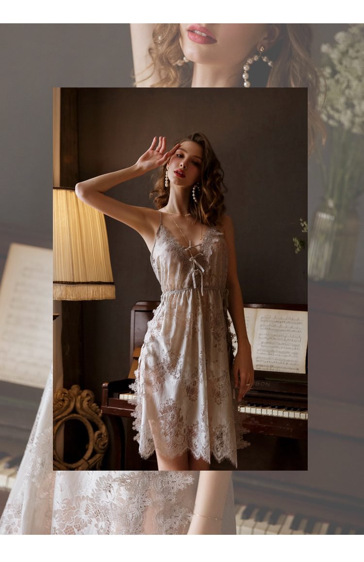 Grey Floral Hollowed Out Lace Nightdress Womens Nightgown Sleepwear Lingerie Dress Spaghetti Strap Sleeping Dress with Thongs