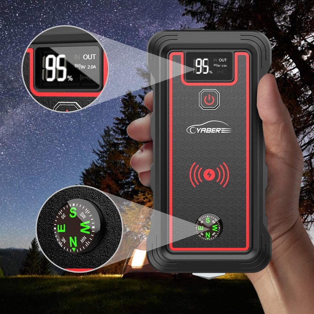 YABER 2500A 23800mAh Car Jump Starter 10W wireless charger Car Battery Power Bank with LCD Screen LED Flashlight Safety Hammer