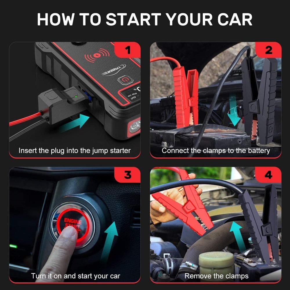 YABER 2500A 23800mAh Car Jump Starter 10W wireless charger Car Battery Power Bank with LCD Screen LED Flashlight Safety Hammer