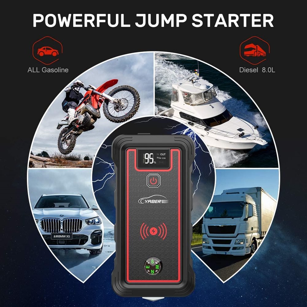 YABER 2500A 23800mAh Car Jump Starter 10W wireless charger Car Battery Power Bank with LCD Screen LED Flashlight Safety Hammer
