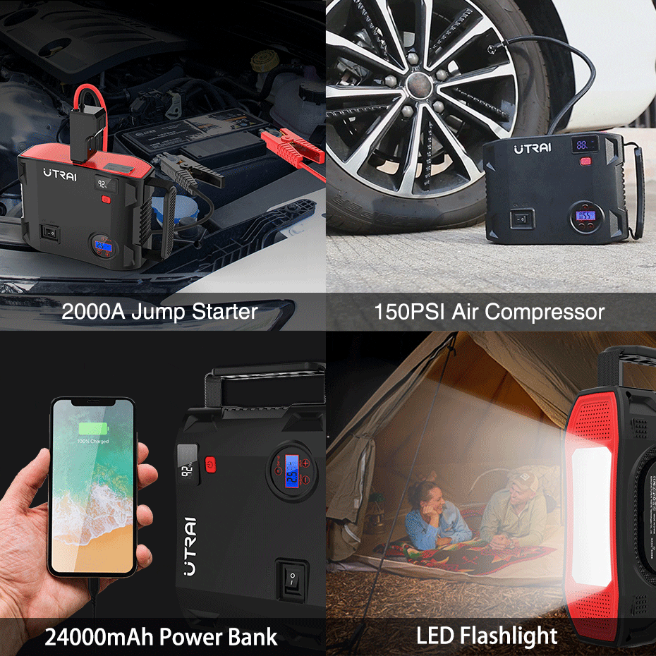 UTRAI 4 IN 1 Car Jump Starter Power Bank 24000mah 2000A with air compressor Portable Emergency 12V Booster Car battery charger