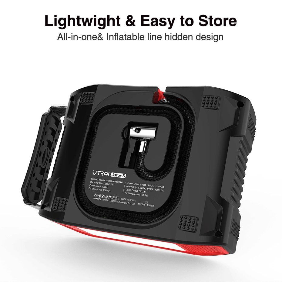 UTRAI 4 IN 1 Car Jump Starter Power Bank 24000mah 2000A with air compressor Portable Emergency 12V Booster Car battery charger