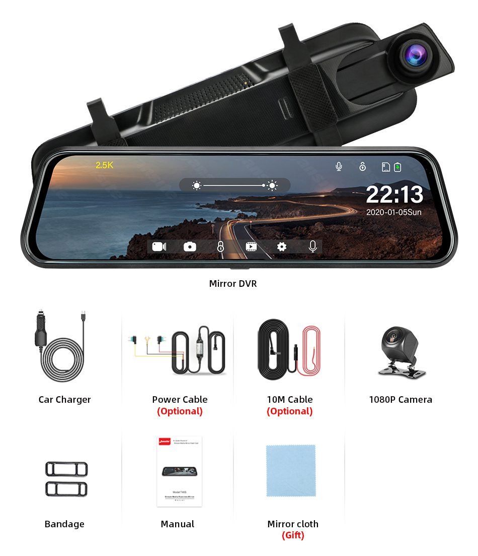 Jansite 10 inches 2.5K Car DVR Touch Screen Stream Media Dual Lens Video Recorder Rearview mirror Dash cam Front and Rear camera