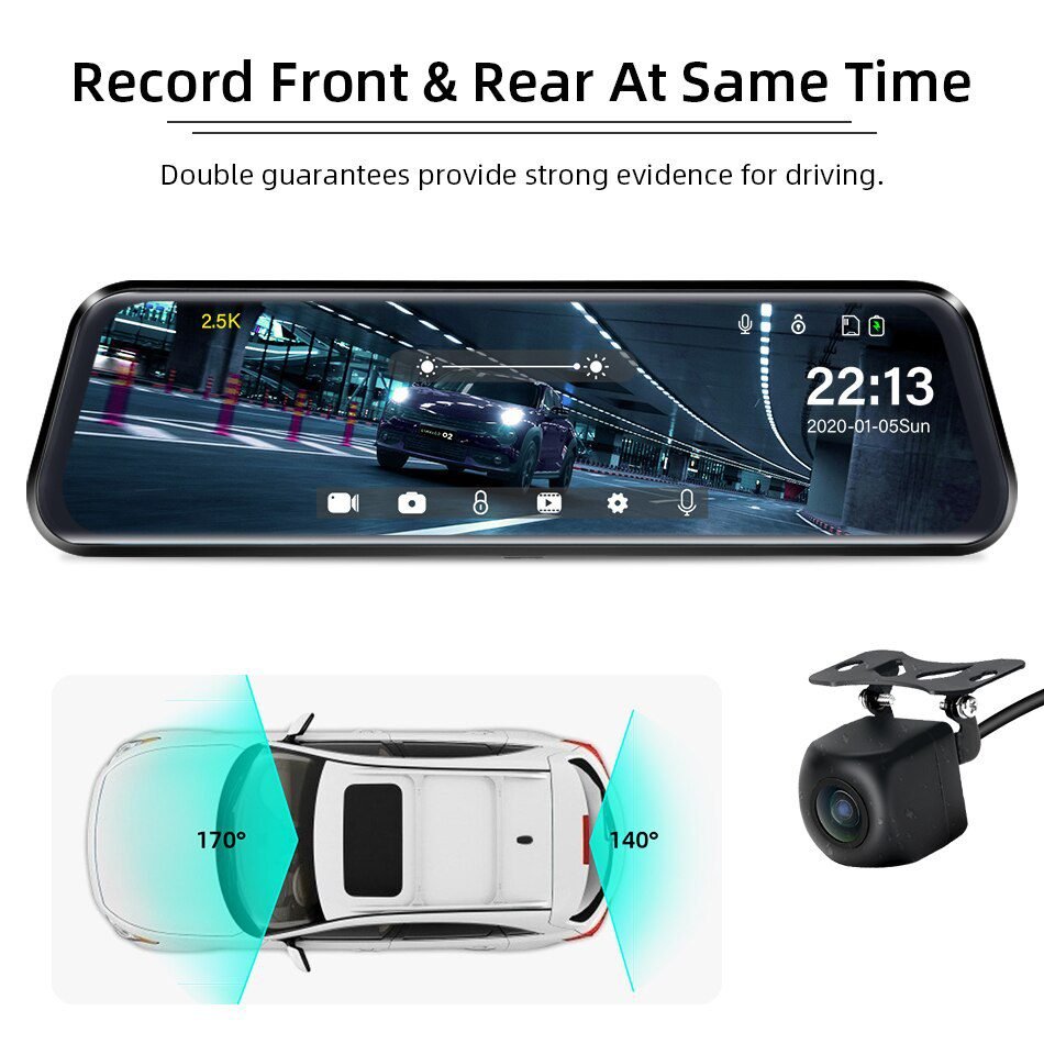 Jansite 10 inches 2.5K Car DVR Touch Screen Stream Media Dual Lens Video Recorder Rearview mirror Dash cam Front and Rear camera