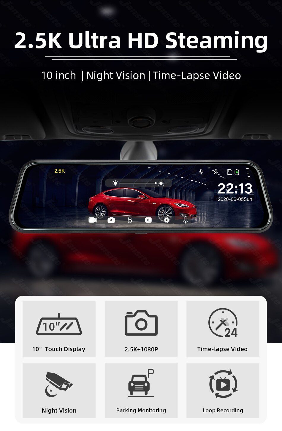 Jansite 10 inches 2.5K Car DVR Touch Screen Stream Media Dual Lens Video Recorder Rearview mirror Dash cam Front and Rear camera