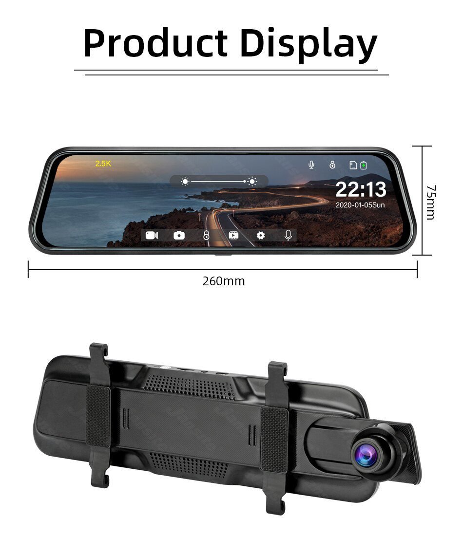 Jansite 10 inches 2.5K Car DVR Touch Screen Stream Media Dual Lens Video Recorder Rearview mirror Dash cam Front and Rear camera