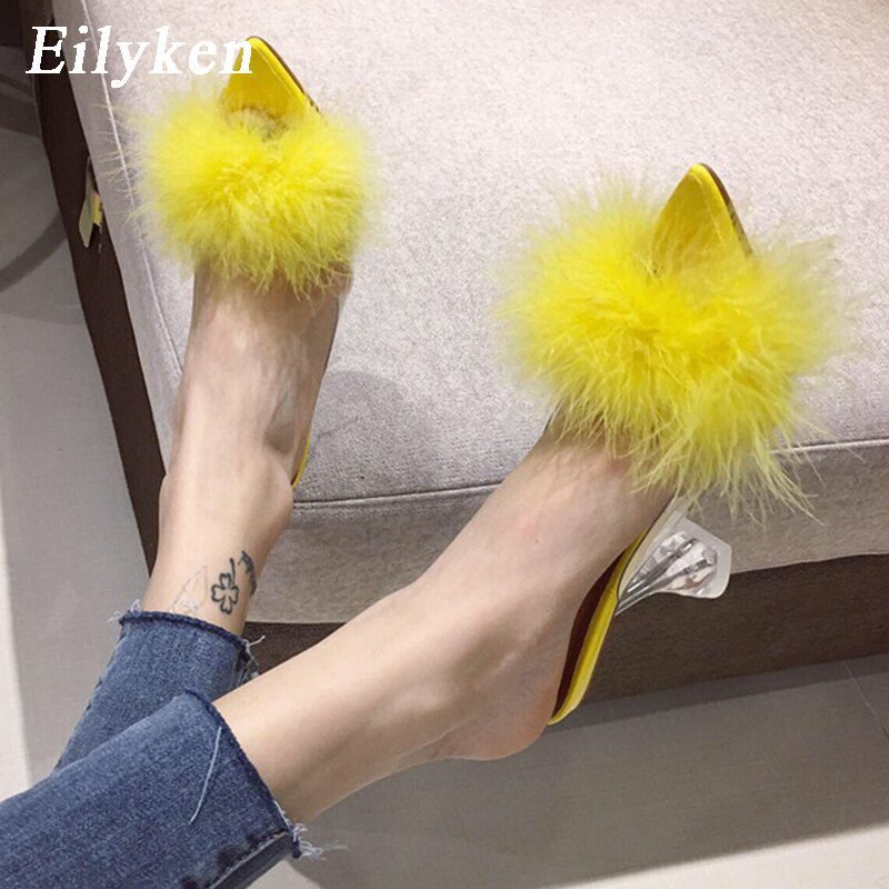 Eilyken Summer Woman Pumps PVC Transparent Feather Perspex Crystal High Heels Fur Peep Toe Mules Slippers Ladies Slides Shoes